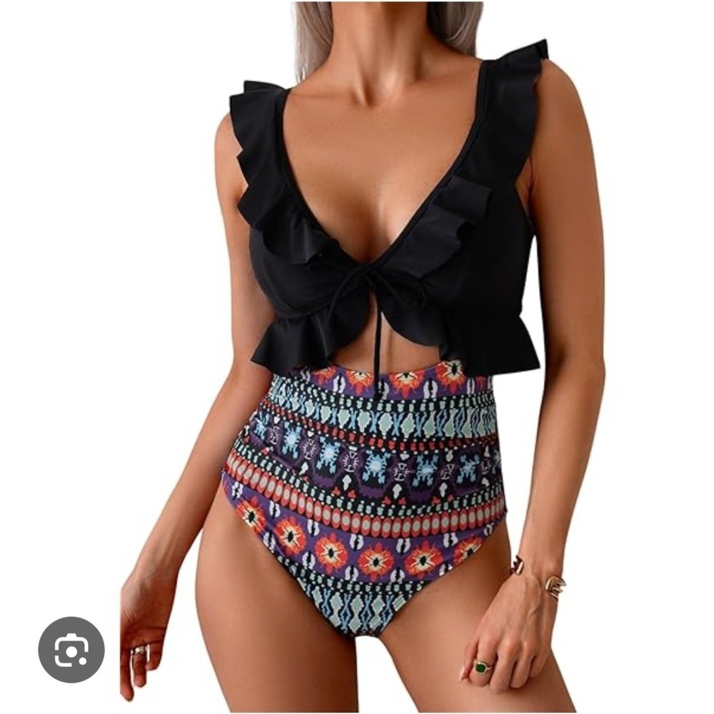 Eomenie Womens Ruffle V Neck Cutout One Piece Swimsuit Tribal Print Black Size M